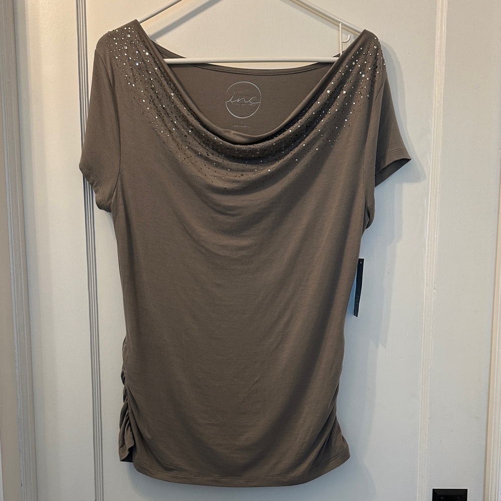 INC International Concepts Women's Taupe Embellished Blouse size L